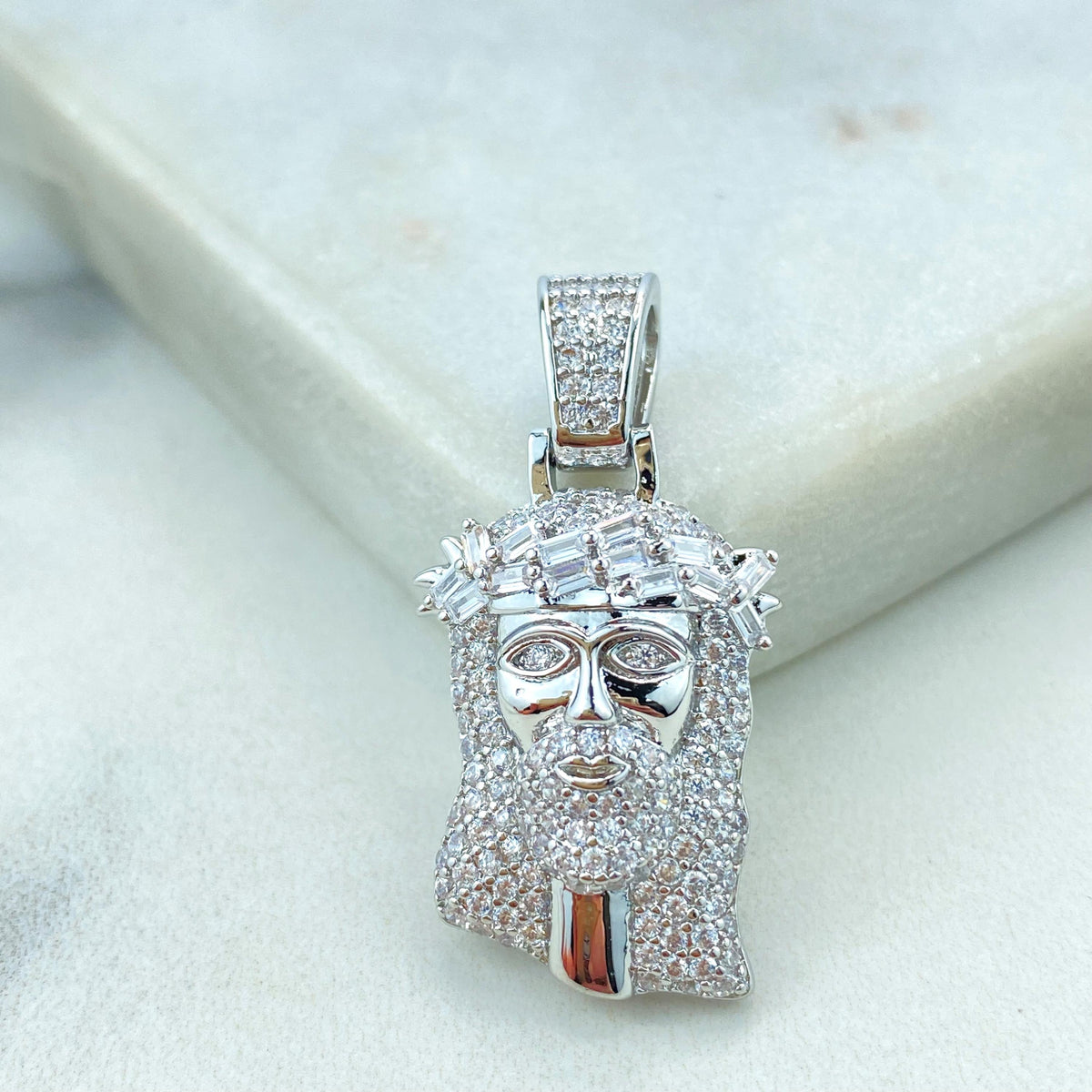 Silver Filled Jesus Christ Face Shape Pendant with Micro Cubic Zirconia, Large Bail Pendant, Jesus Face Charm, Wholesale Jewelry