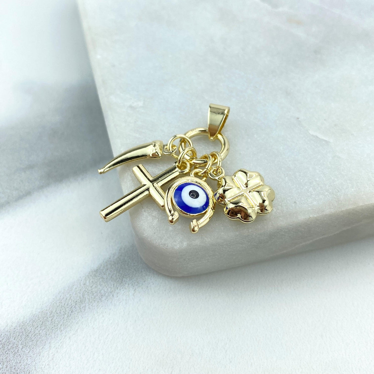 18k Gold Filled Amulet with Chili Pepper, Cross, Evil Eye, Horseshoe, Clover Charms, Protection against the Evil Eye Charm Wholesale Jewelry