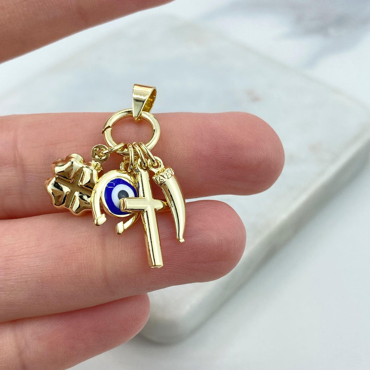 18k Gold Filled Amulet with Chili Pepper, Cross, Evil Eye, Horseshoe, Clover Charms, Protection against the Evil Eye Charm Wholesale Jewelry