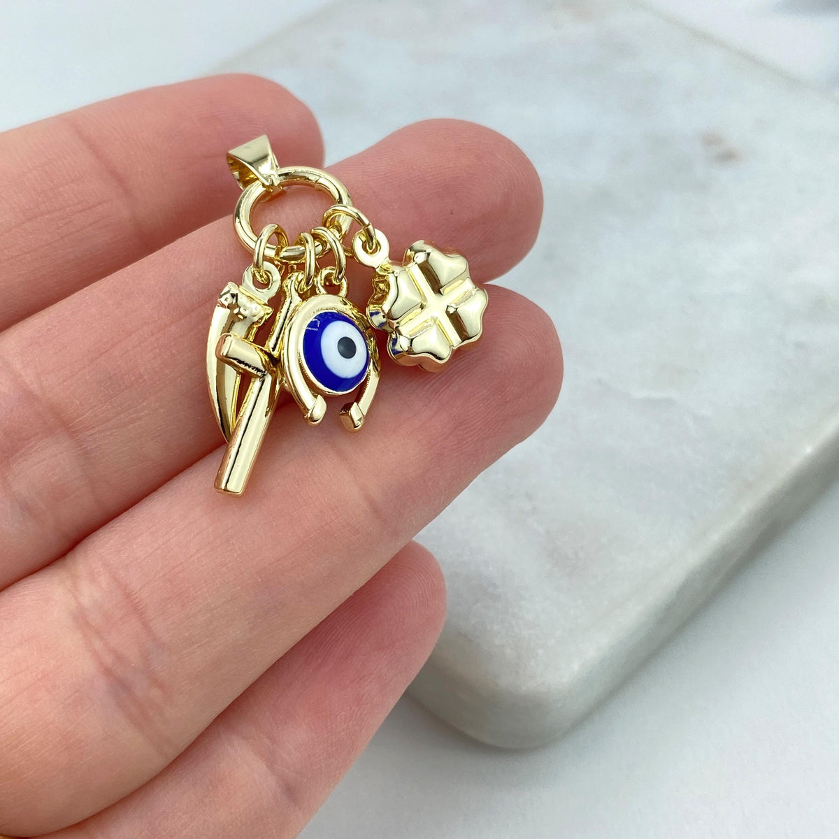 18k Gold Filled Amulet with Chili Pepper, Cross, Evil Eye, Horseshoe, Clover Charms, Protection against the Evil Eye Charm Wholesale Jewelry