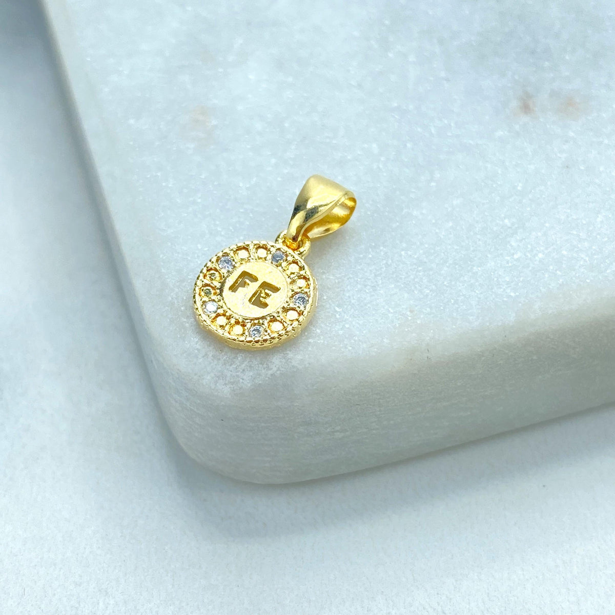 18k Gold Filled Tiny Faith Amulet Charm with Micro CZ, Medal Coin Faith Charm, "FE" Faith Charm in Spanish, Wholesale Jewelry