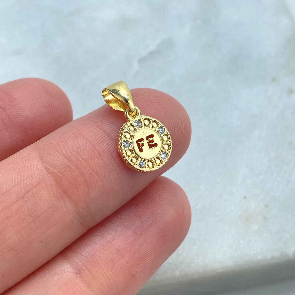 18k Gold Filled Tiny Faith Amulet Charm with Micro CZ, Medal Coin Faith Charm, "FE" Faith Charm in Spanish, Wholesale Jewelry