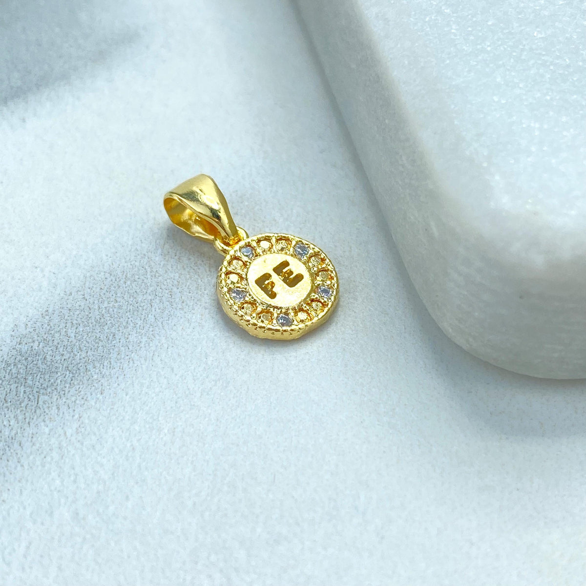 18k Gold Filled Tiny Faith Amulet Charm with Micro CZ, Medal Coin Faith Charm, "FE" Faith Charm in Spanish, Wholesale Jewelry