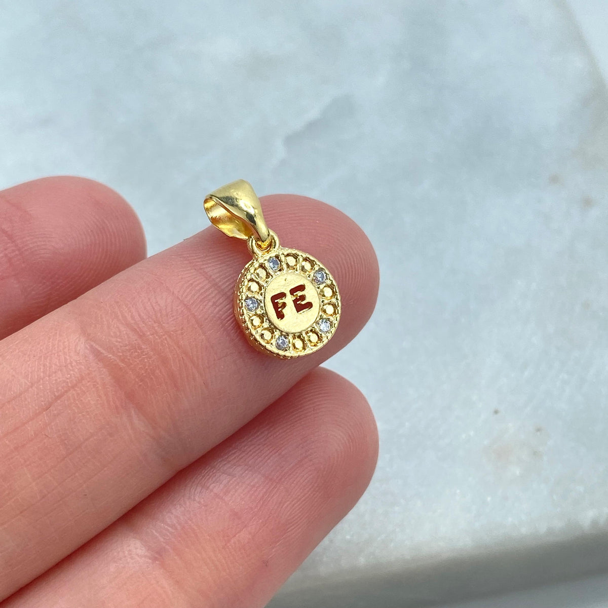 18k Gold Filled Tiny Faith Amulet Charm with Micro CZ, Medal Coin Faith Charm, "FE" Faith Charm in Spanish, Wholesale Jewelry