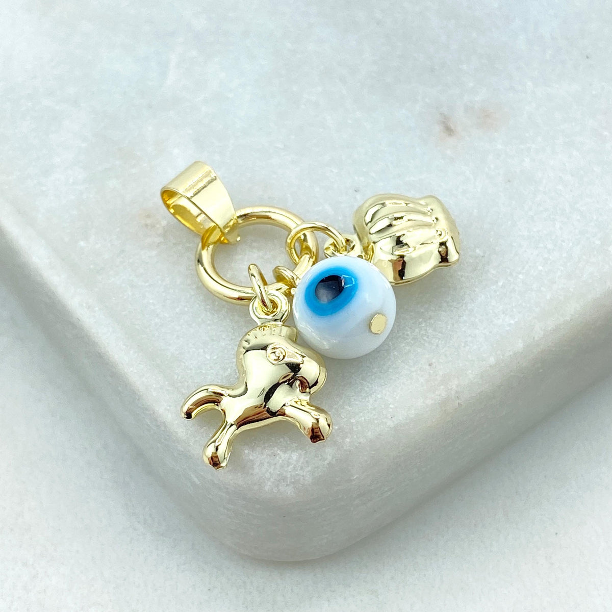 18k Gold Filled Protection Amulet with Playful Horse, Evil Eye and Crown Charm, Protection against the Evil Eye Charm, Wholesale Jewelry
