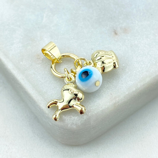 18k Gold Filled Protection Amulet with Playful Horse, Evil Eye and Crown Charm, Protection against the Evil Eye Charm, Wholesale Jewelry