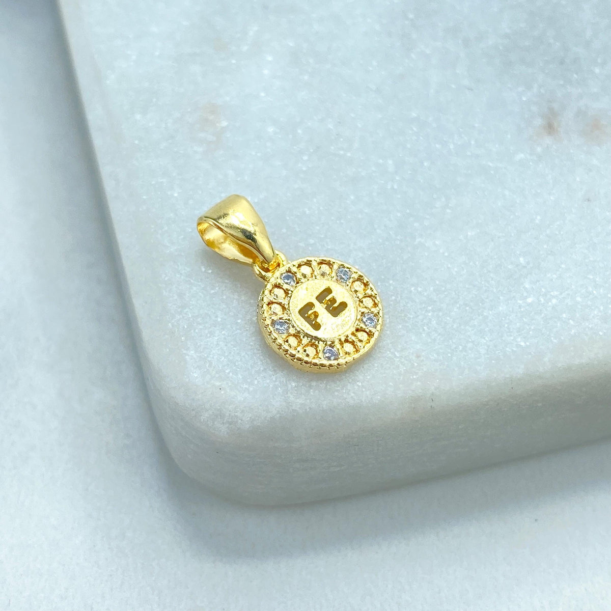 18k Gold Filled Tiny Faith Amulet Charm with Micro CZ, Medal Coin Faith Charm, "FE" Faith Charm in Spanish, Wholesale Jewelry