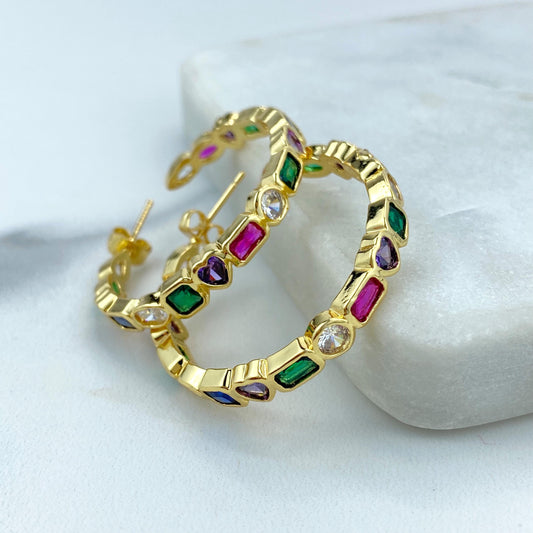 18k Gold Filled Multi-Color Mixed Stone C-Hoop Earrings, Colorful Zirconia Hoop Earrings, Rainbow Mixed Stone Hoops, Wholesale Jewelry