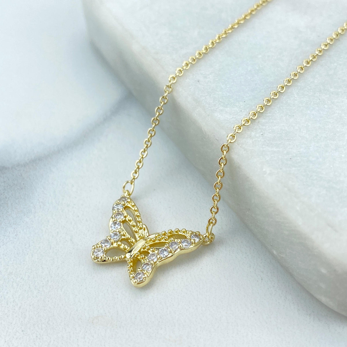 18k Gold Filled Butterfly Stud Earrings & Necklace Jewelry Set, Micro Cubic Zirconia Butterfly Set, Wholesale Jewelry