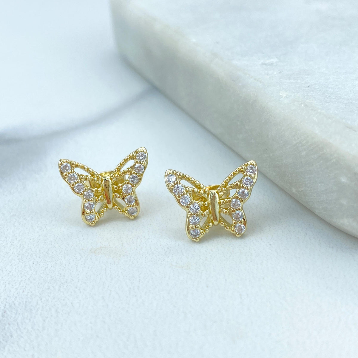 18k Gold Filled Butterfly Stud Earrings & Necklace Jewelry Set, Micro Cubic Zirconia Butterfly Set, Wholesale Jewelry
