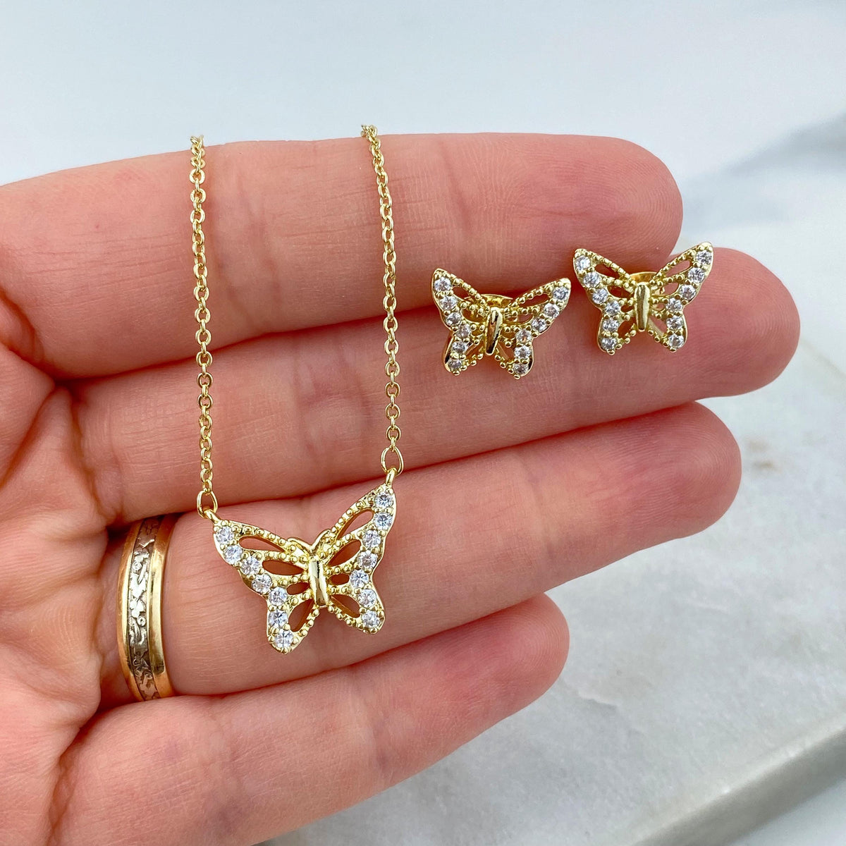 18k Gold Filled Butterfly Stud Earrings & Necklace Jewelry Set, Micro Cubic Zirconia Butterfly Set, Wholesale Jewelry