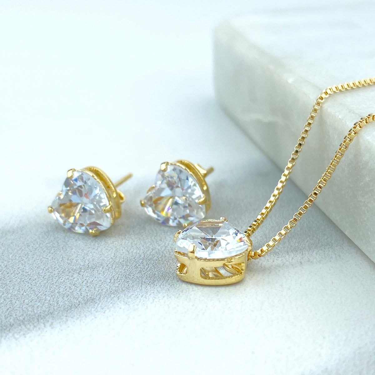 18k Gold Filled Solitaire Heart Cubic Zirconia Necklace and Stud Earrings Set, Heart Shape Cubic Zirconia Jewelry Set, Wholesale Jewelry