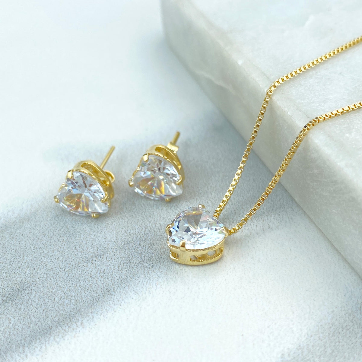 18k Gold Filled Solitaire Heart Cubic Zirconia Necklace and Stud Earrings Set, Heart Shape Cubic Zirconia Jewelry Set, Wholesale Jewelry