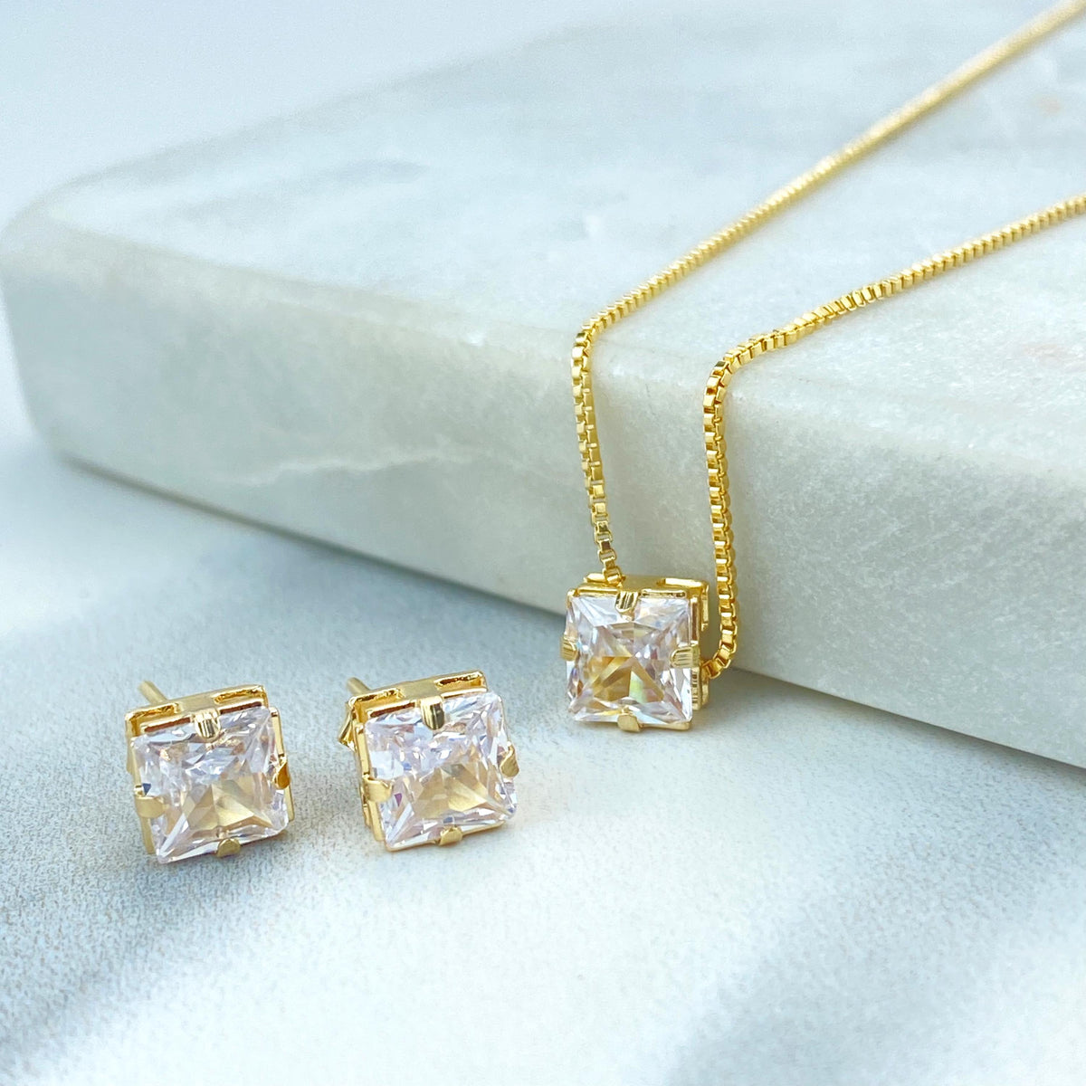 18k Gold Filled Solitaire Square Cubic Zirconia Necklace and Stud Earrings Set, Square Cubic Zirconia Jewelry Set, Wholesale Jewelry