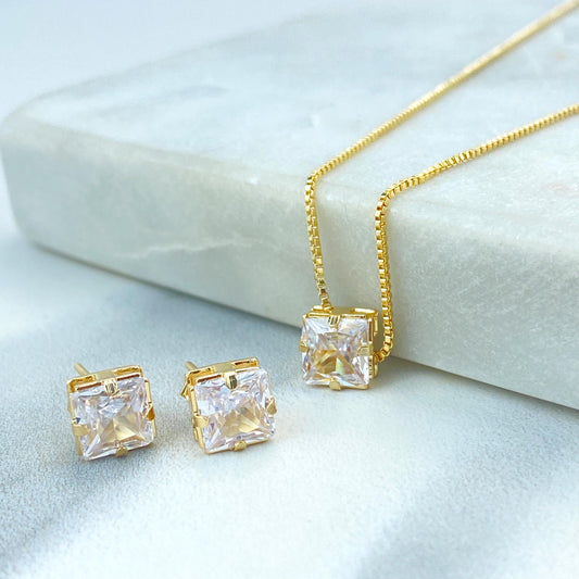 18k Gold Filled Solitaire Square Cubic Zirconia Necklace and Stud Earrings Set, Square Cubic Zirconia Jewelry Set, Wholesale Jewelry