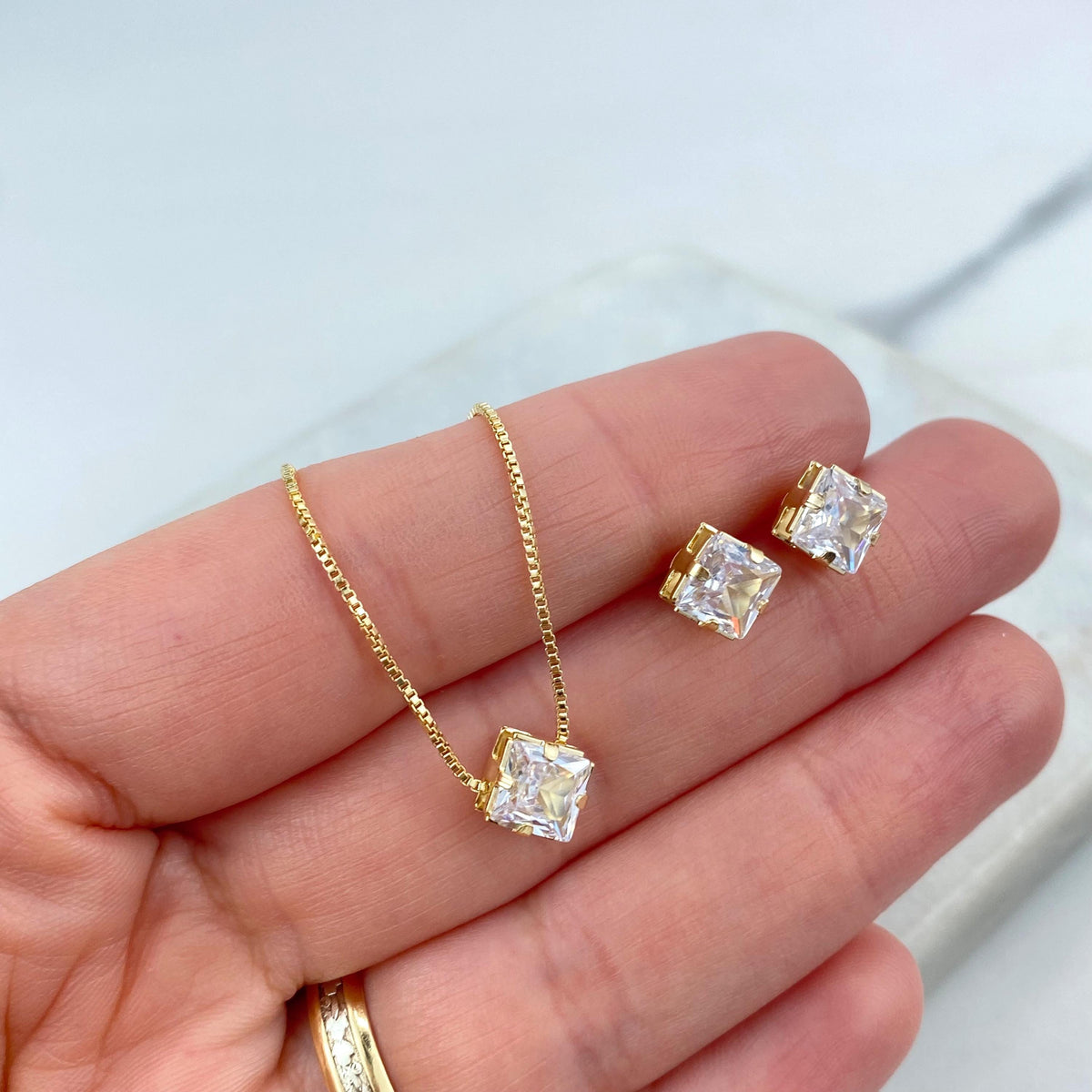 18k Gold Filled Solitaire Square Cubic Zirconia Necklace and Stud Earrings Set, Square Cubic Zirconia Jewelry Set, Wholesale Jewelry