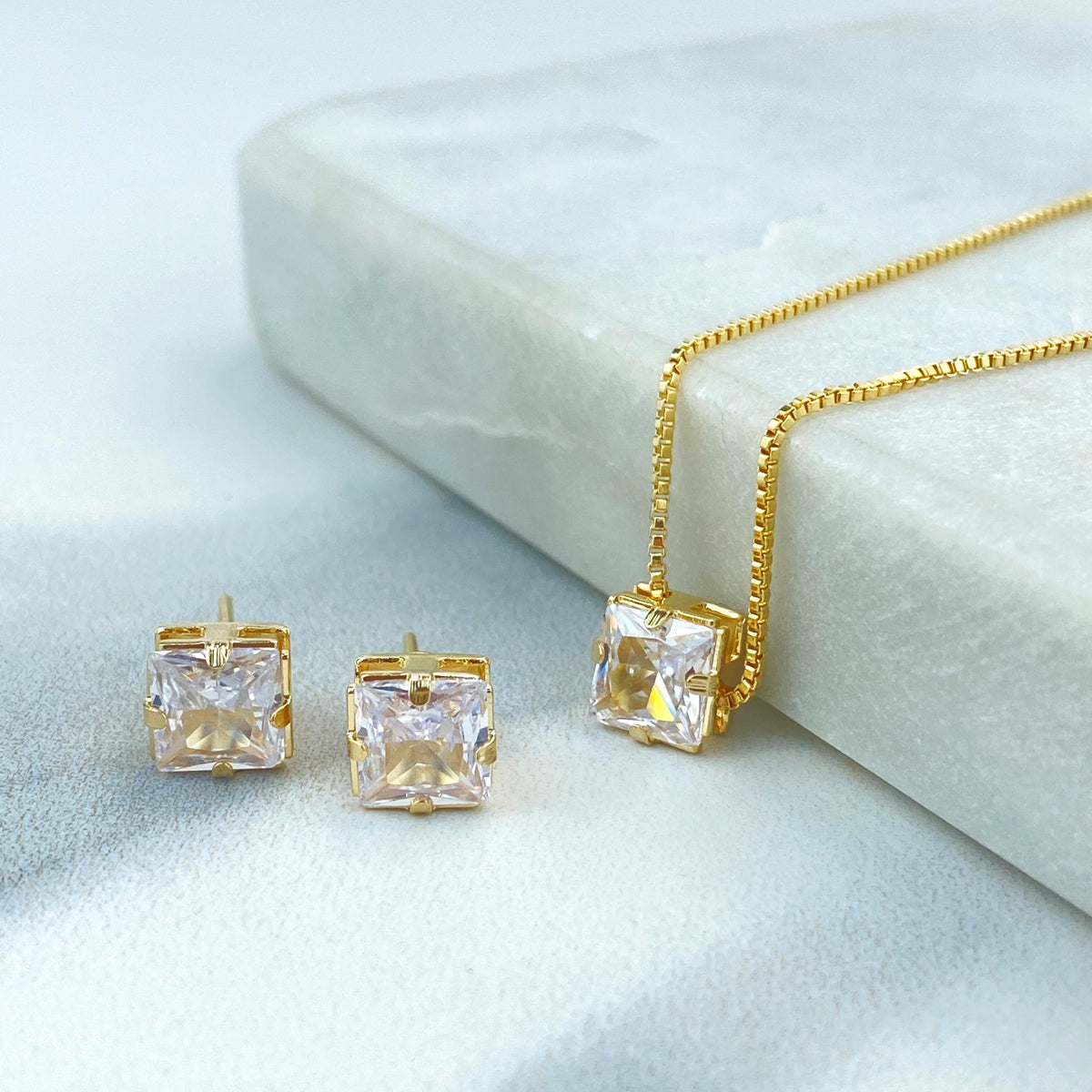 18k Gold Filled Solitaire Square Cubic Zirconia Necklace and Stud Earrings Set, Square Cubic Zirconia Jewelry Set, Wholesale Jewelry