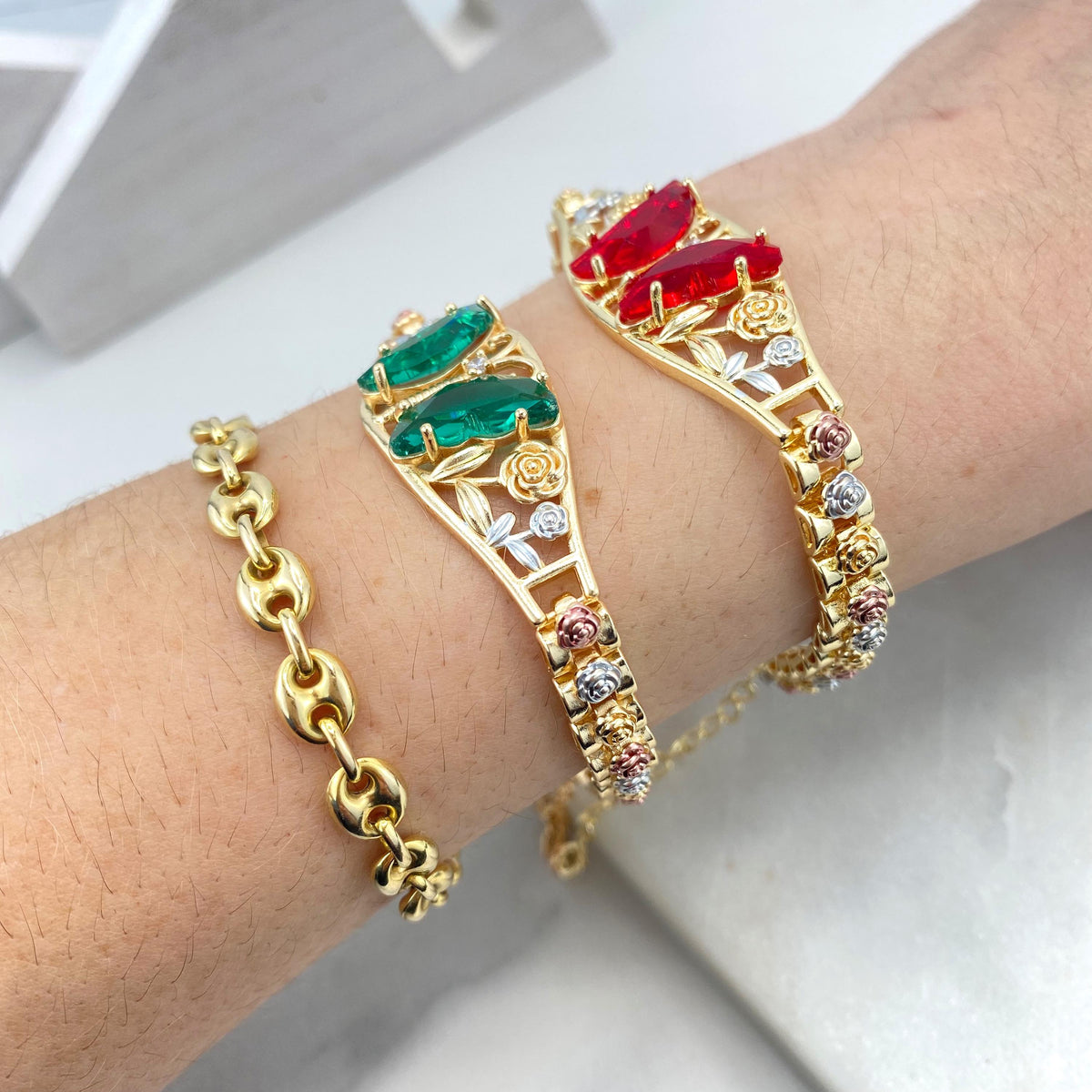 18k Gold Filled Three Tone Rose Flowers, Green or Red Zirconia Butterfly, Bracelet, Wholesale and Jewelry Supplies