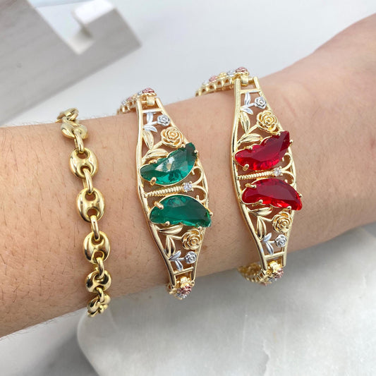 18k Gold Filled Three Tone Rose Flowers, Green or Red Zirconia Butterfly, Bracelet, Wholesale and Jewelry Supplies