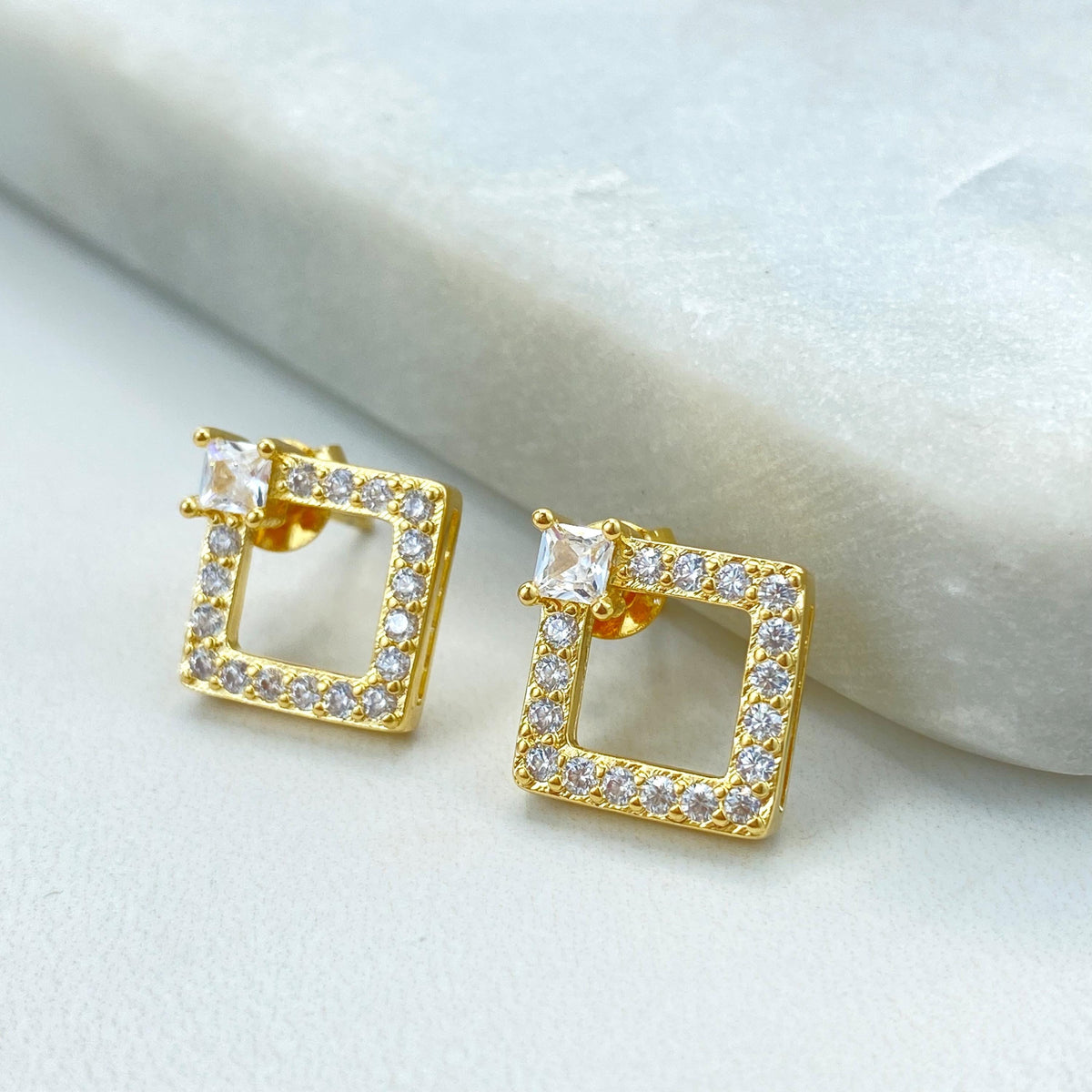 18k Gold Filled Open Square Shape Stud Earrings with Cubic Zirconia, Cubic Zirconia Square Earrings, Wholesale Jewelry