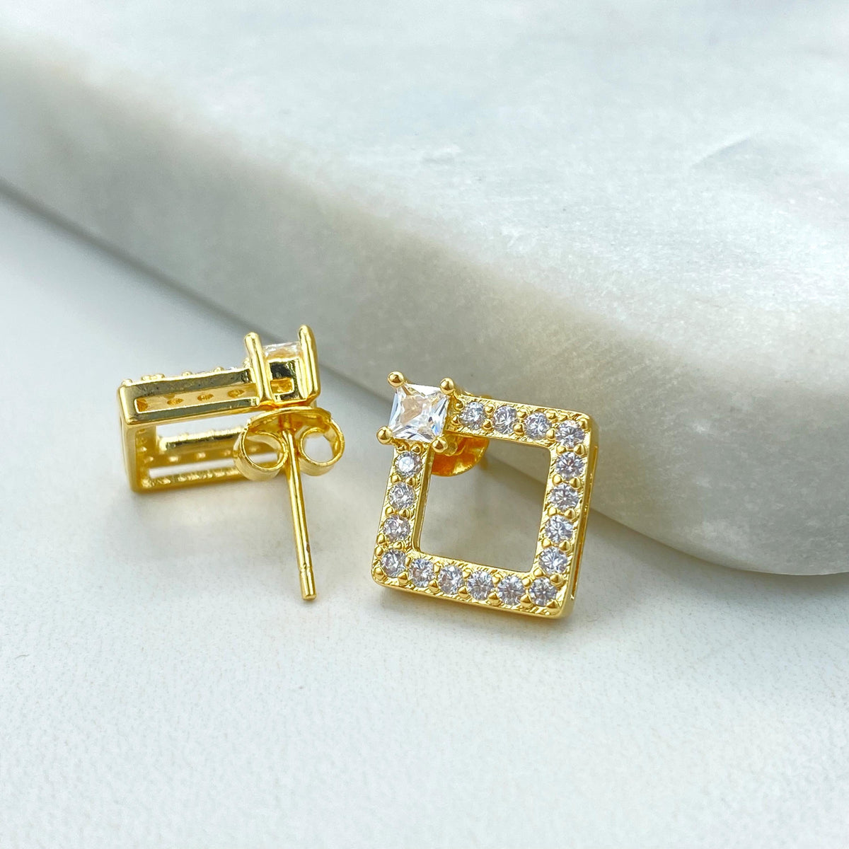 18k Gold Filled Open Square Shape Stud Earrings with Cubic Zirconia, Cubic Zirconia Square Earrings, Wholesale Jewelry