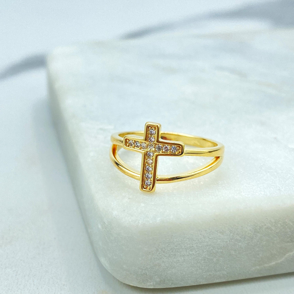 18k Gold Filled Micro Cubic Zirconia Cross Ring, with Simulated Double Layer, Micro Pave Cross Ring, Cross Religious Ring, Wholesale Jewelry