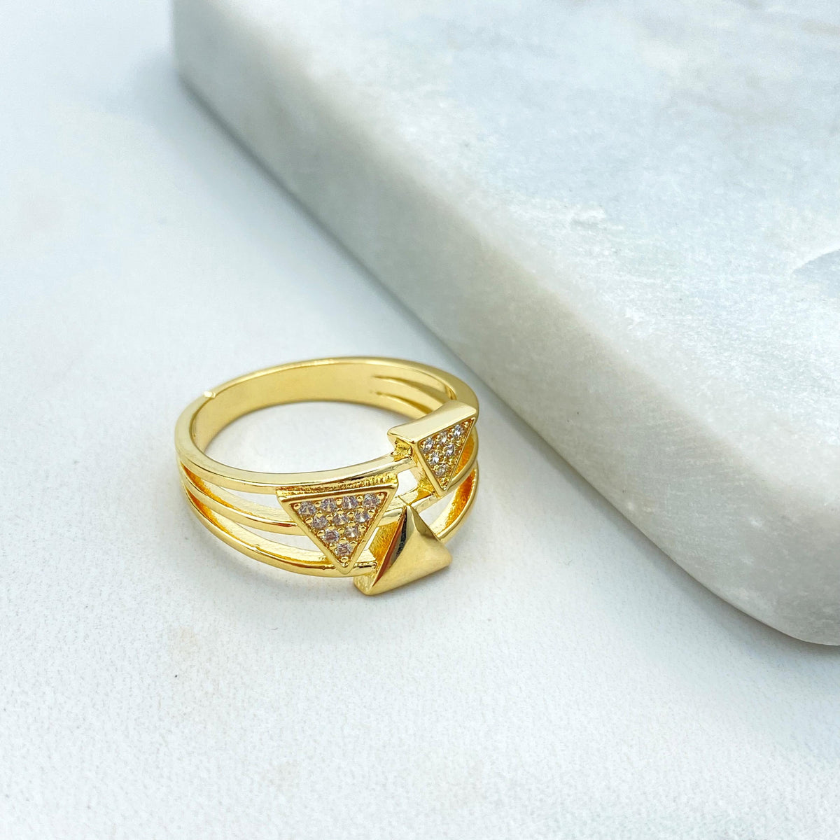 18k Gold Filled Layered Ring with Triple Triangle Front Design and Micro Cubic Zirconia Details, Micro CZ Triangles Ring, Wholesale Jewelry