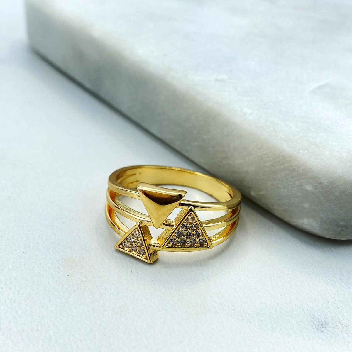18k Gold Filled Layered Ring with Triple Triangle Front Design and Micro Cubic Zirconia Details, Micro CZ Triangles Ring, Wholesale Jewelry