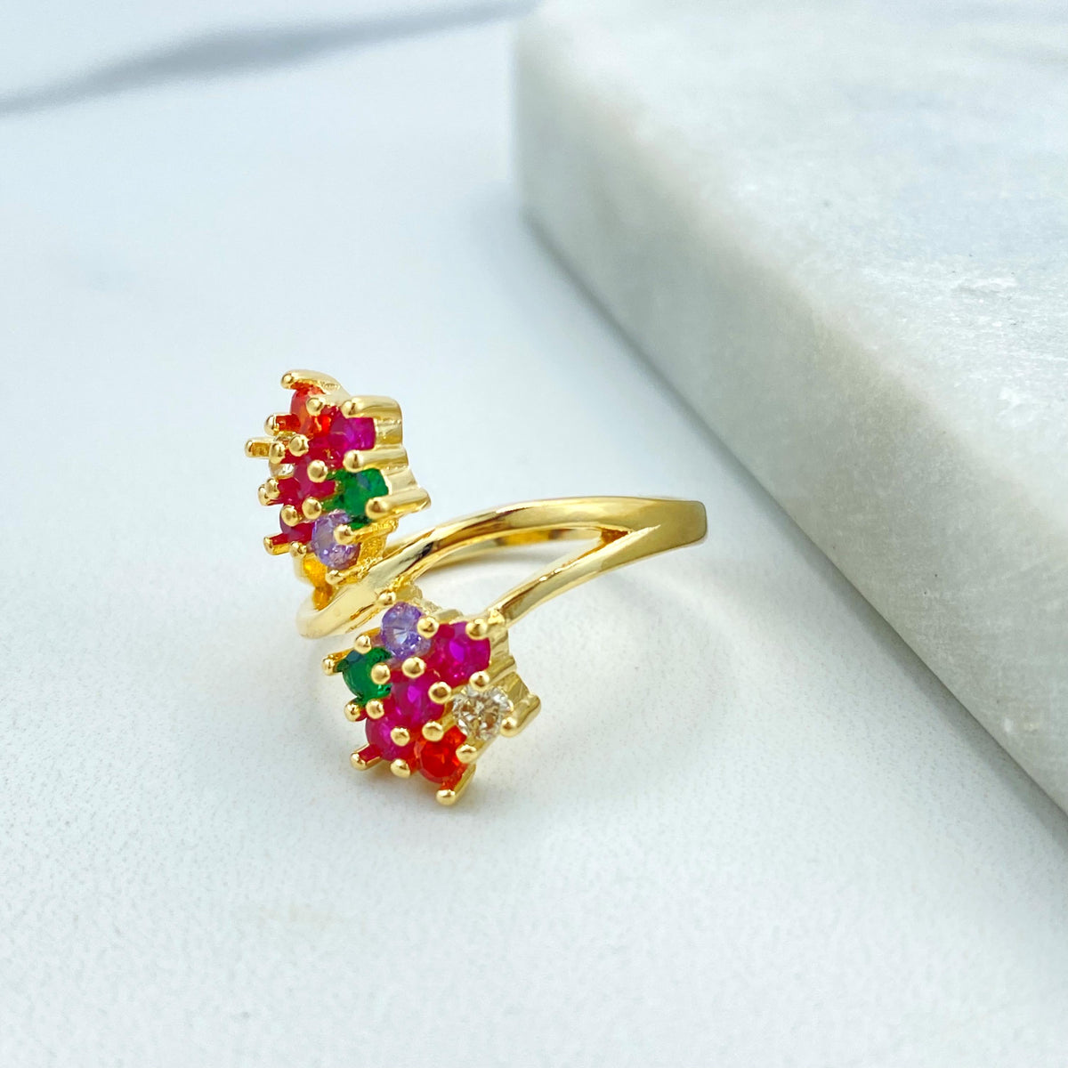 18k Gold Filled Double Flower Ring with Multicolor Cubic Zirconia, Layered Colored CZ Flowers Shape Ring, Wholesale Jewelry