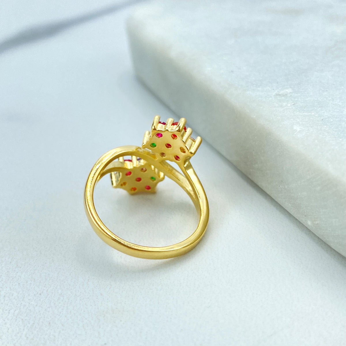 18k Gold Filled Double Flower Ring with Multicolor Cubic Zirconia, Layered Colored CZ Flowers Shape Ring, Wholesale Jewelry
