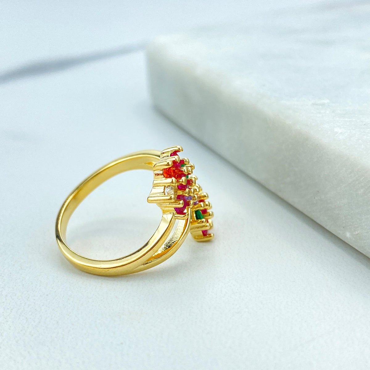 18k Gold Filled Double Flower Ring with Multicolor Cubic Zirconia, Layered Colored CZ Flowers Shape Ring, Wholesale Jewelry