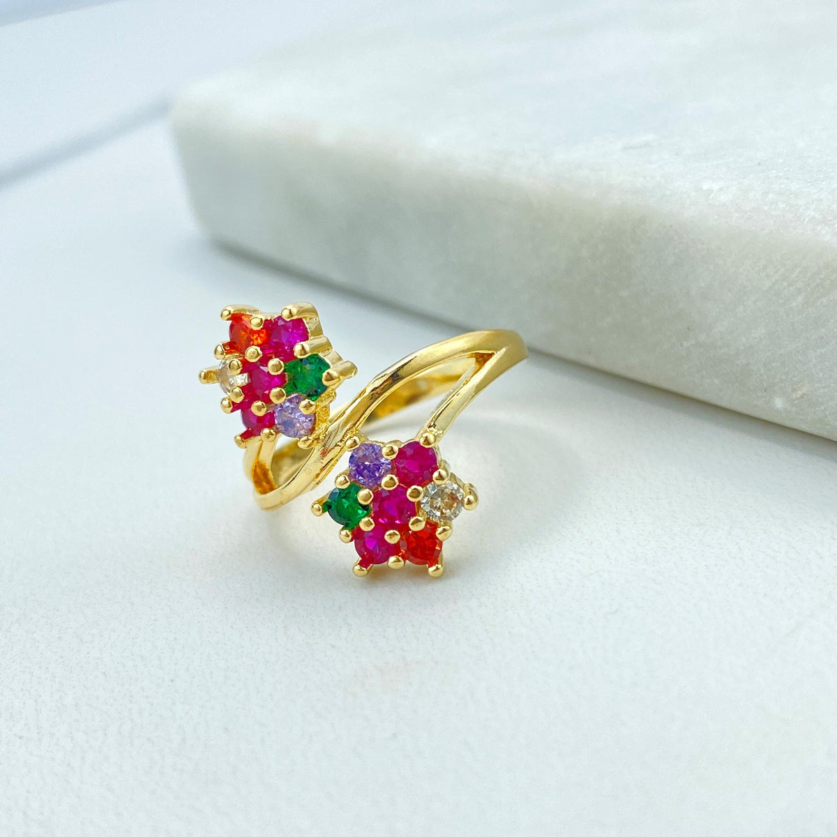 18k Gold Filled Double Flower Ring with Multicolor Cubic Zirconia, Layered Colored CZ Flowers Shape Ring, Wholesale Jewelry