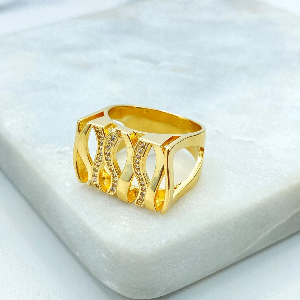 18k Gold Filled Square Front Shape Ring with Waves and Micro Cubic Zirconia, Micro CZ Details Square Ring, Wholesale Jewelry