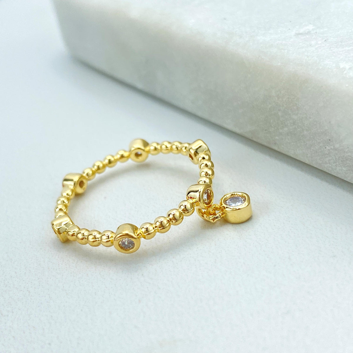 18k Gold Filled Beaded Ring with Cubic Zirconia and Dangling Solitaire Charm, Beaded Band with Cubic Zirconia Bezels, Wholesale Jewelry