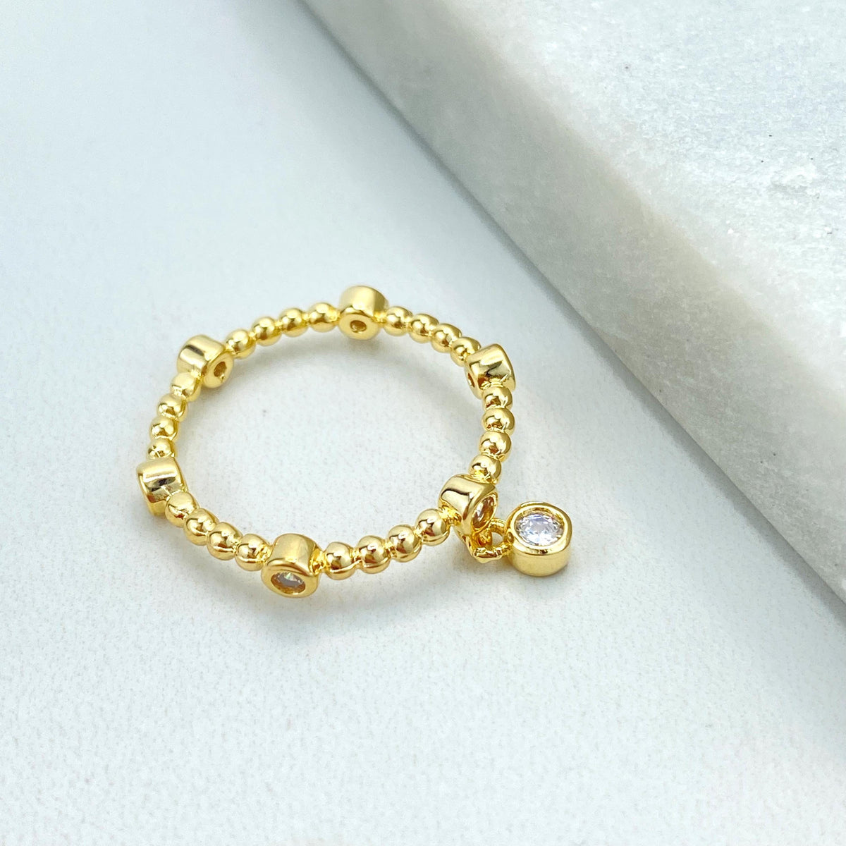 18k Gold Filled Beaded Ring with Cubic Zirconia and Dangling Solitaire Charm, Beaded Band with Cubic Zirconia Bezels, Wholesale Jewelry