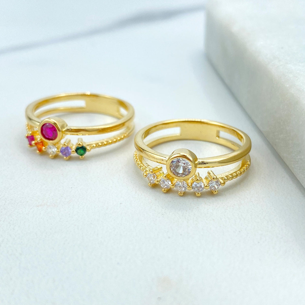 18k Gold Filled Multicolor Cubic Zirconia Layered Ring, or Clear Cubic Zirconia Layered Ring, CZ Two Layers Ring, Wholesale Jewelry