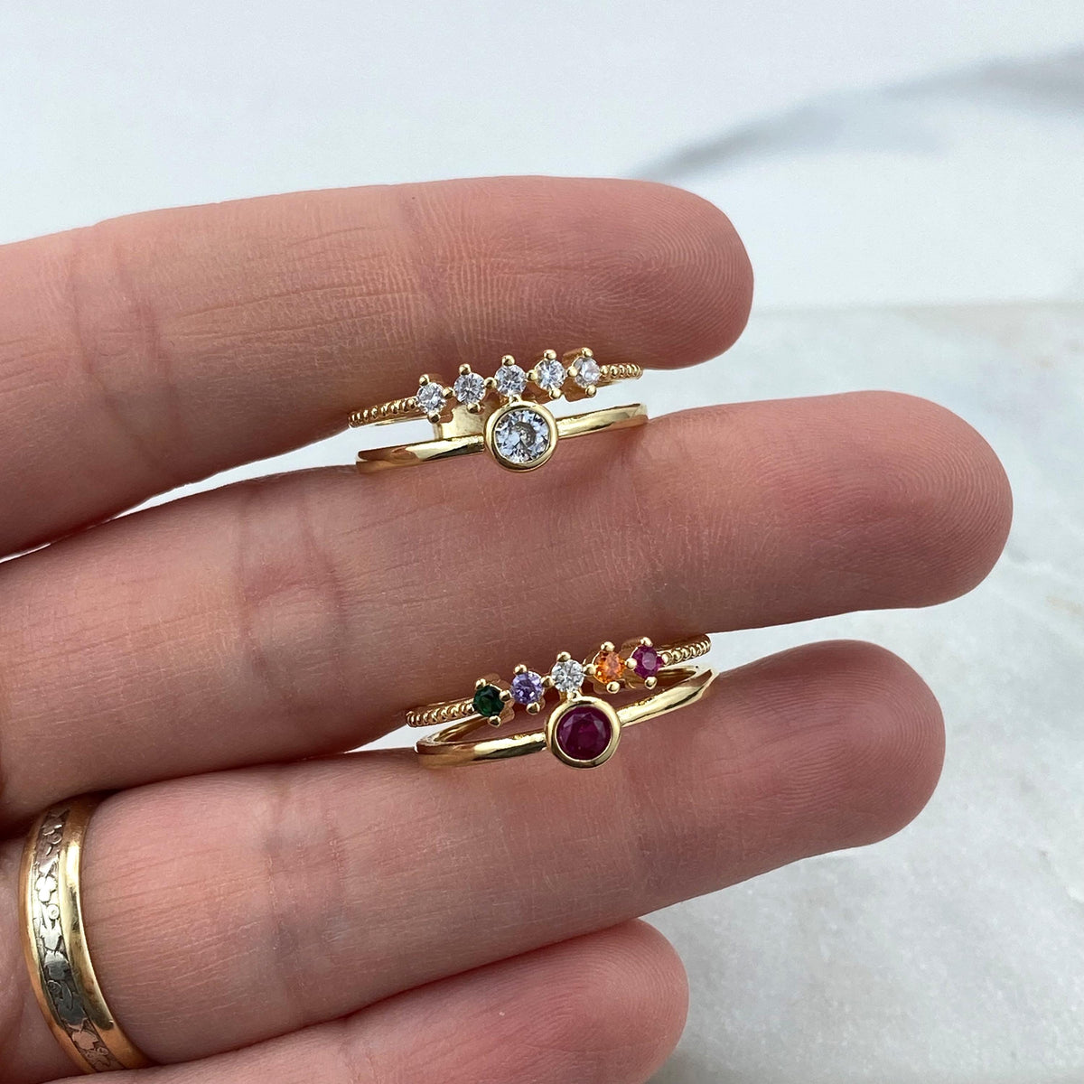 18k Gold Filled Multicolor Cubic Zirconia Layered Ring, or Clear Cubic Zirconia Layered Ring, CZ Two Layers Ring, Wholesale Jewelry