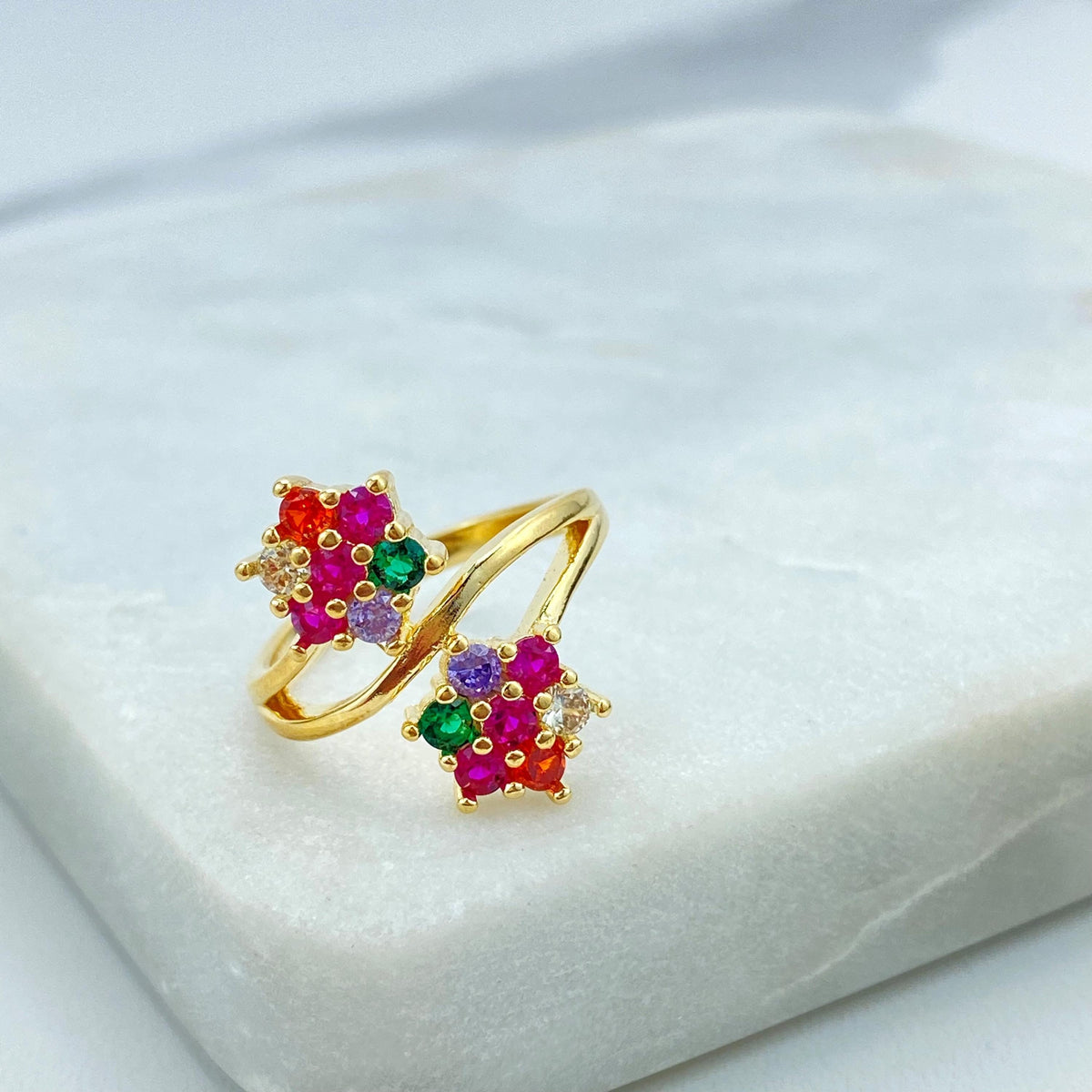 18k Gold Filled Double Flower Ring with Multicolor Cubic Zirconia, Layered Colored CZ Flowers Shape Ring, Wholesale Jewelry