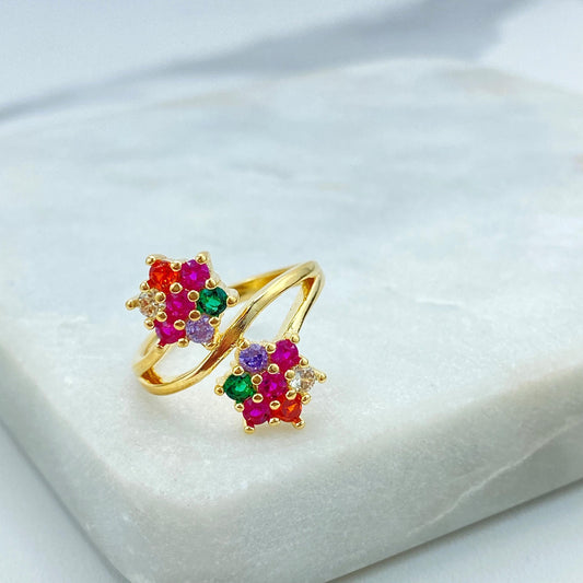18k Gold Filled Double Flower Ring with Multicolor Cubic Zirconia, Layered Colored CZ Flowers Shape Ring, Wholesale Jewelry
