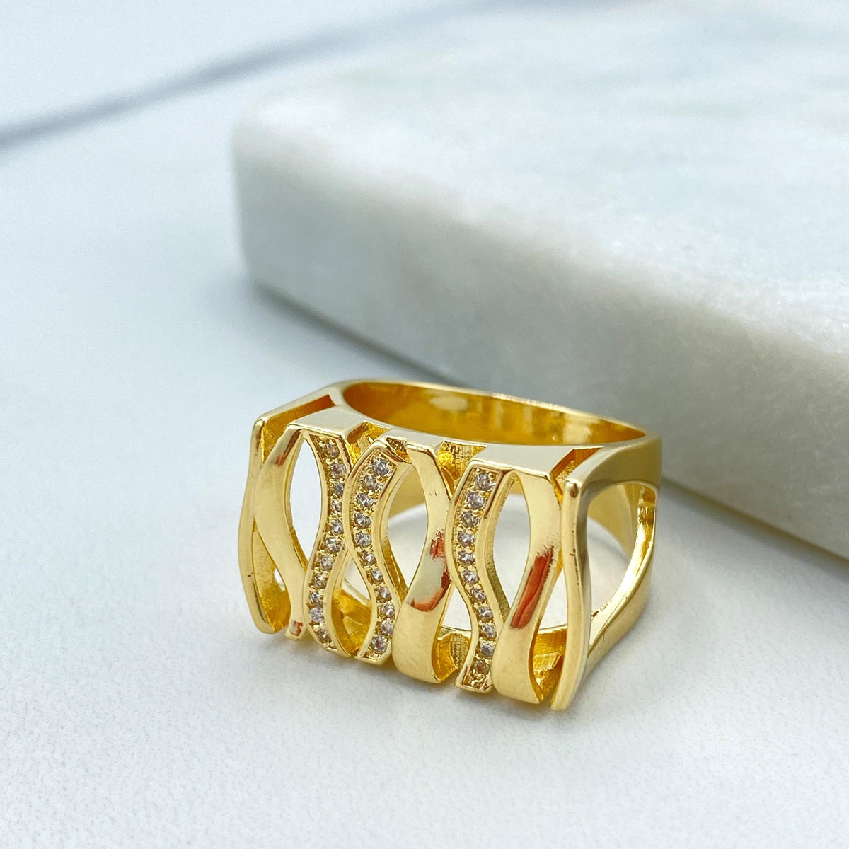 18k Gold Filled Square Front Shape Ring with Waves and Micro Cubic Zirconia, Micro CZ Details Square Ring, Wholesale Jewelry