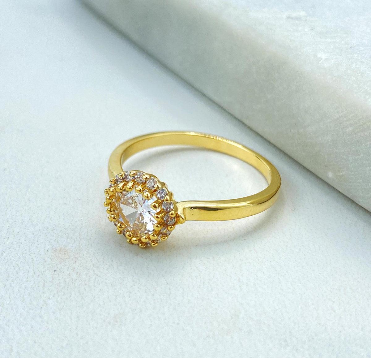 18k Gold Filled Wedding Ring, Engagement Ring, Clear Cubic Zirconia Solitaire Ring, Halo Ring, Wholesale Jewelry