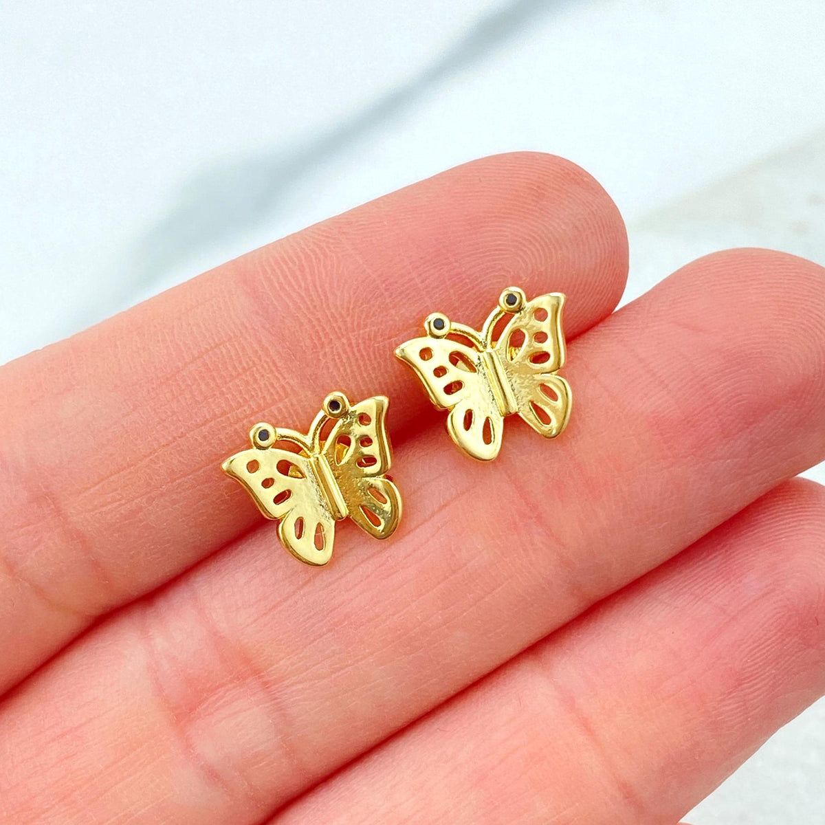 18k Gold Filled Butterfly Shape Stud Earrings, with Micro Black Cubic Zirconia, Petite Butterfly Earrings, Wholesale Jewelry
