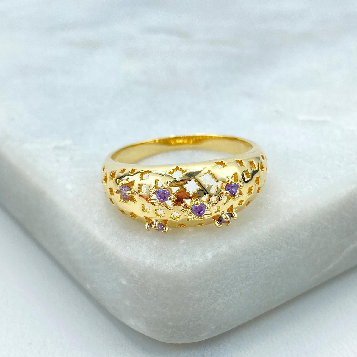 18K Gold Filled Stardust Ring with Micro Cubic Zirconia, Multicolor Star Accents, Elegant Textured Band, Wholesale Jewelry