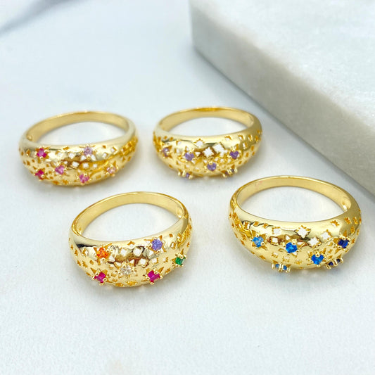 18K Gold Filled Stardust Ring with Micro Cubic Zirconia, Multicolor Star Accents, Elegant Textured Band, Wholesale Jewelry
