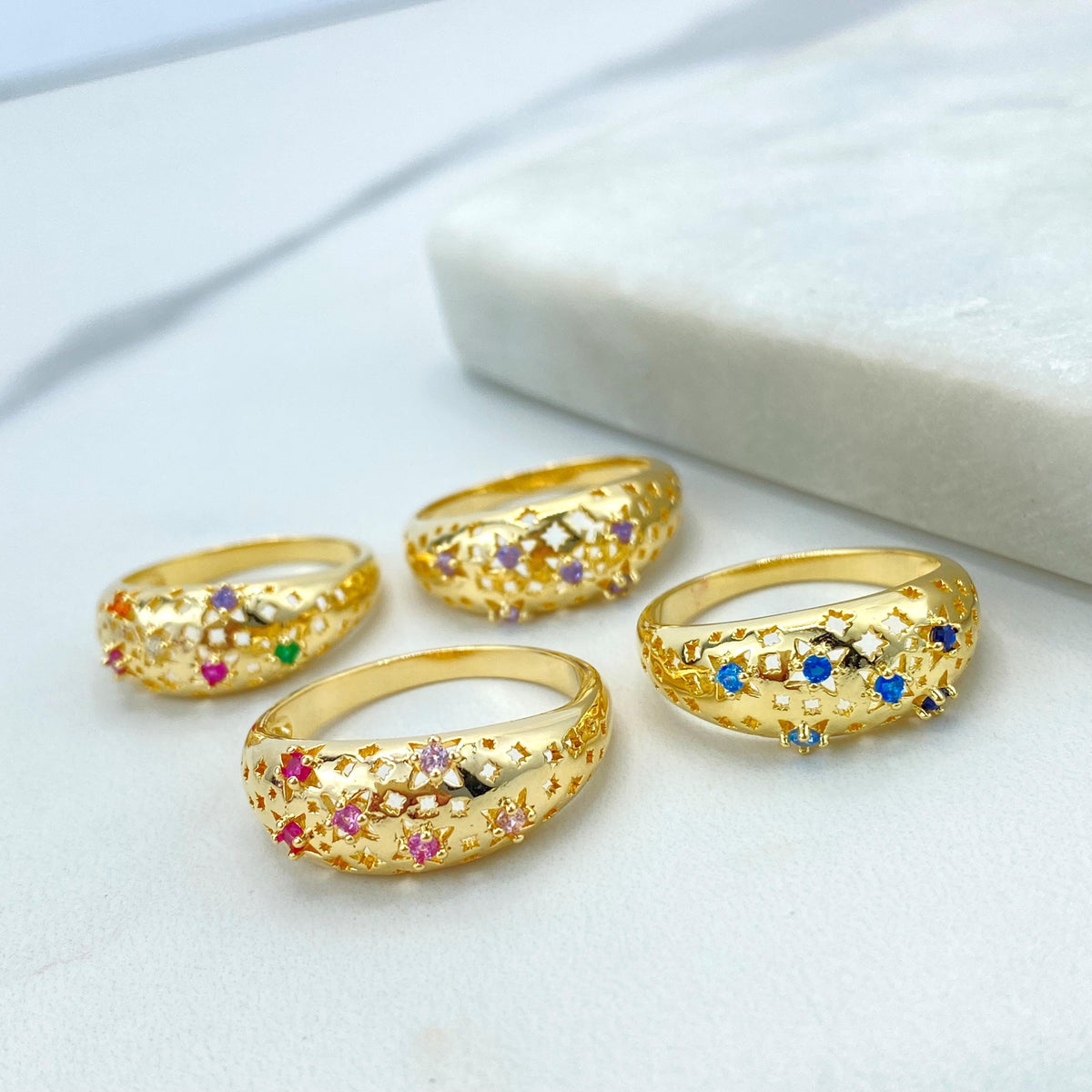 18K Gold Filled Stardust Ring with Micro Cubic Zirconia, Multicolor Star Accents, Elegant Textured Band, Wholesale Jewelry