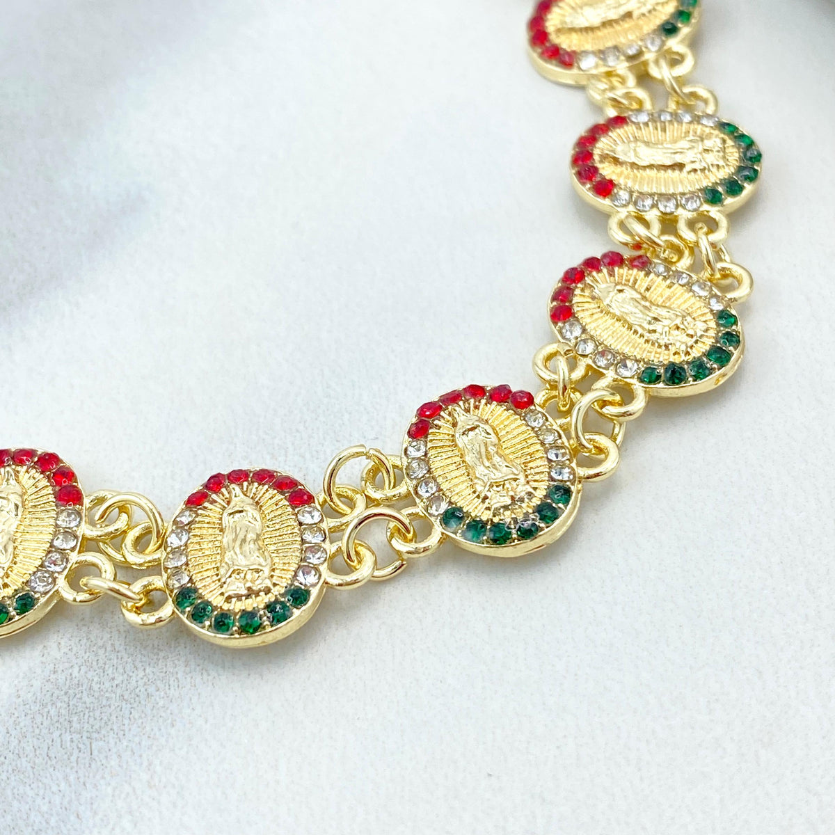 18k Gold Filled Religious Bracelet, Our Lady Of Guadalupe with Mexican Cubic Zirconia Color Linked Medal Bracelet, Wholesale Jewelry