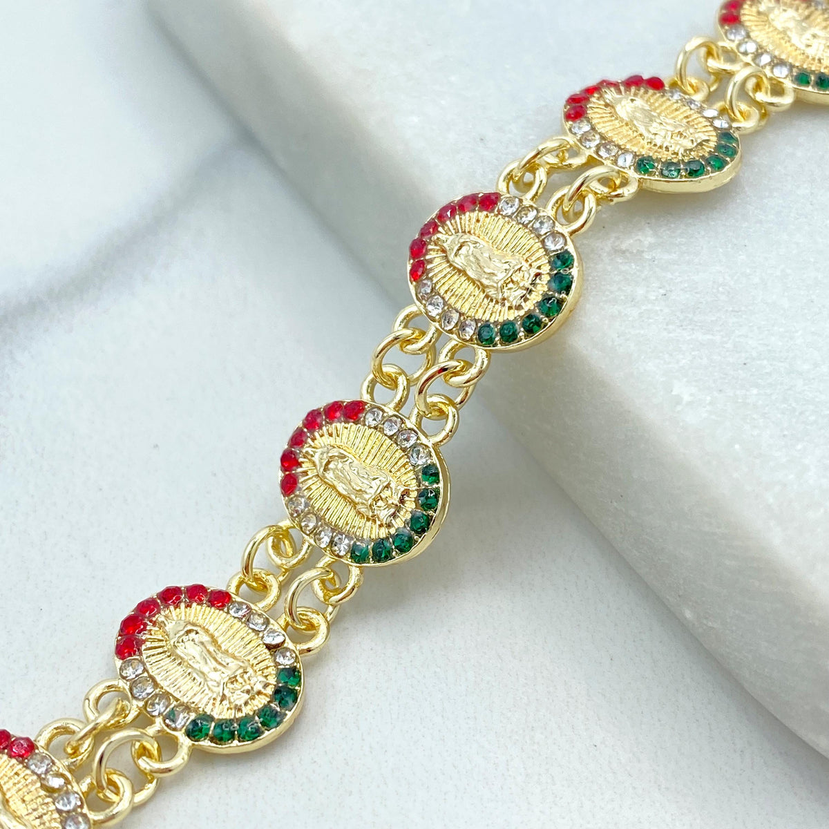 18k Gold Filled Religious Bracelet, Our Lady Of Guadalupe with Mexican Cubic Zirconia Color Linked Medal Bracelet, Wholesale Jewelry