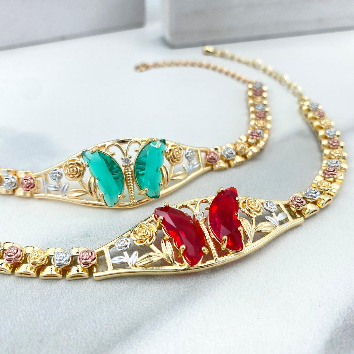 18k Gold Filled Three Tone Rose Flowers, Green or Red Zirconia Butterfly, Bracelet, Wholesale and Jewelry Supplies