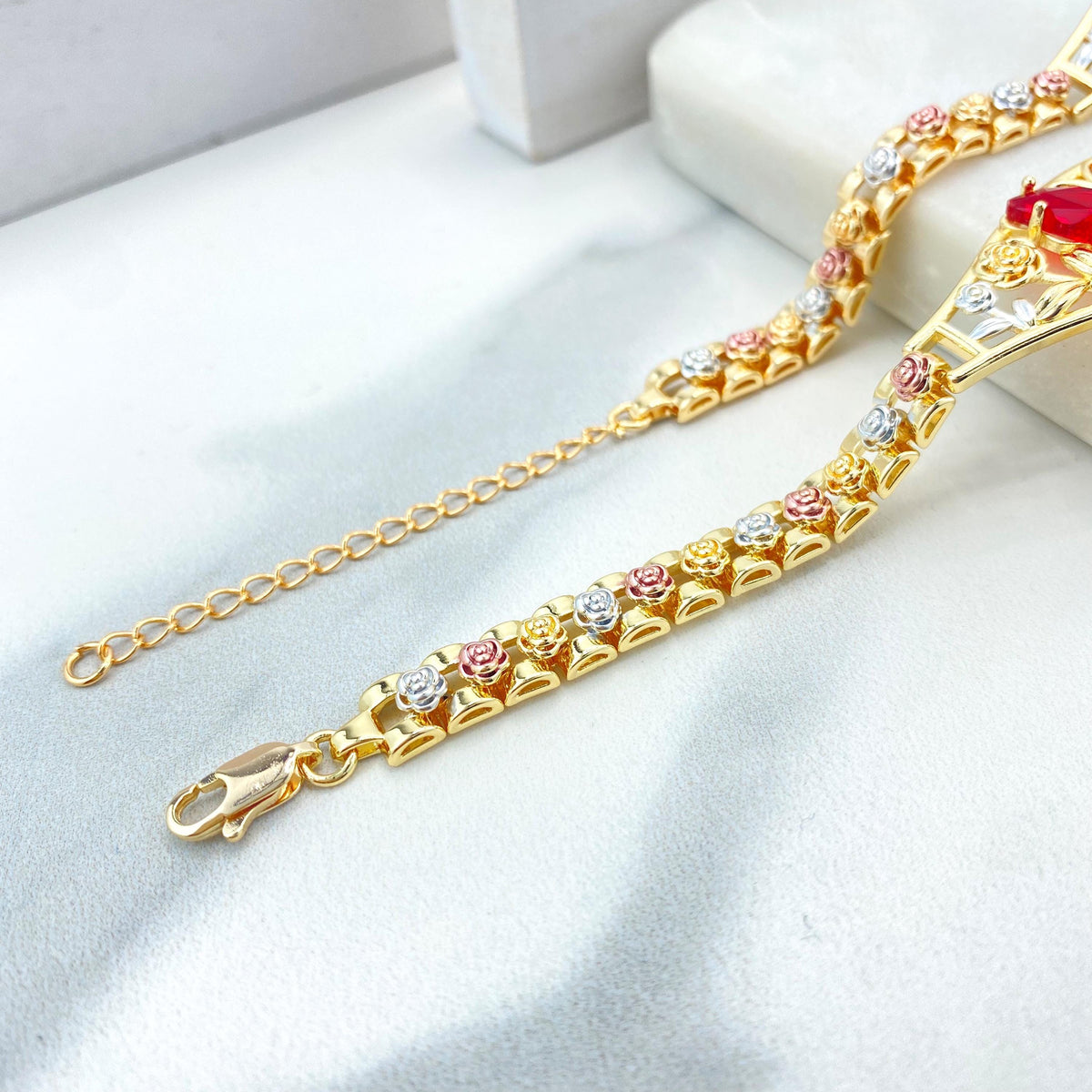 18k Gold Filled Three Tone Rose Flowers, Green or Red Zirconia Butterfly, Bracelet, Wholesale and Jewelry Supplies