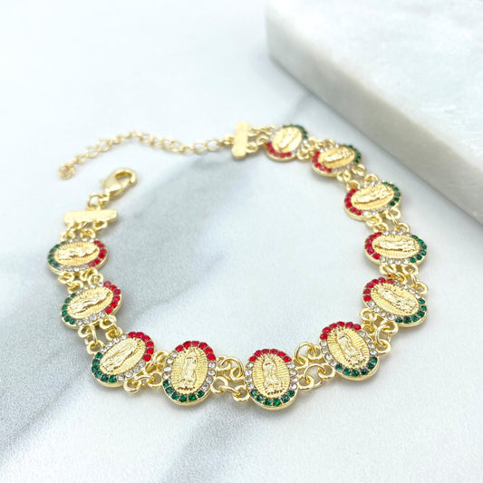 18k Gold Filled Religious Bracelet, Our Lady Of Guadalupe with Mexican Cubic Zirconia Color Linked Medal Bracelet, Wholesale Jewelry